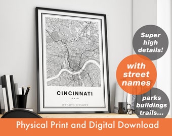 Cincinnati Map Print, Map Of  Cincinnati, City Map,  Cincinnati Print Gift, Cincinnati Ohio Map, Cincinnati Poster, Cincinnati Wall Art