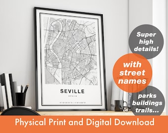Seville Map Print, Map Of Seville, City Map, Seville Print Gift, Seville Map Art, Seville Spain Map, Seville Poster, Seville Wall Art