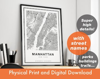 Impression de carte de Manhattan, carte de Manhattan, plan de la ville, impression de Manhattan cadeau, art de la carte, carte de Manhattan à New York, affiche Manhattan, art mural Manhattan