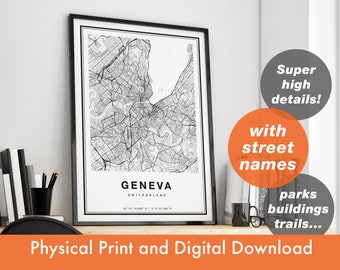 Geneva Map Print, Map Of Geneva, Geneva City Map, Geneva Print Gift, Geneva Map Art, Geneva Switzerland Map, Geneva Poster, Geneva Wall Art