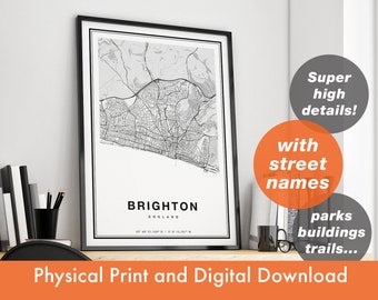 Brighton Map Print, Map Of Brighton, City Map, Brighton Print Gift,  Map Art, Brighton England Map, Brighton Poster, Brighton Wall Art