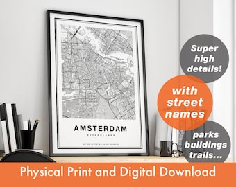Mapa de Ámsterdam, Mapa de la ciudad de Ámsterdam, Impresión de mapas de Ámsterdam, Impresión de Ámsterdam, Cartel de Ámsterdam, Arte del mapa de Ámsterdam, Mapa del arte de la pared de Ámsterdam