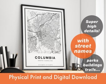 Columbia Map Print, Map Of Columbia, City Map, Columbia Print Gift, Map Art, Columbia South Carolina Map, Columbia Poster, Columbia Wall Art