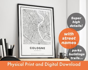 Cologne Map Print, Map Of Cologne, City Map, Cologne Print Gift,  Cologne Map Art, Cologne Germany Map, Cologne Poster, Cologne Wall Art