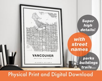 Vancouver Map Print, Map Of Vancouver, City Map, Vancouver Print Gift, Vancouver British Columbia Map, Vancouver Poster, Vancouver Wall Art
