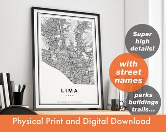 Lima Map, Lima City Map, Lima Print, Lima Poster, Map Of Lima, Lima Map Print, Lima Street Map, Lima Art Print,  Lima Peru Map