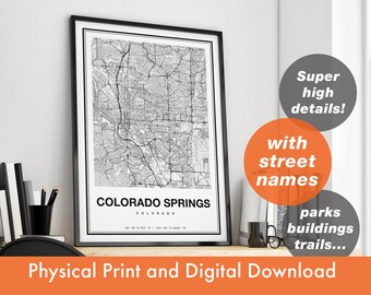 Impression de carte de Colorado Springs, impression de carte de la ville de Colorado Springs, affiche de carte de Colorado Springs, carte de Colorado Springs art mural