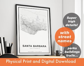 Santa Barbara Map Print, Map Of Santa Barbara, City Map, Santa Barbara California Map, Santa Barbara Poster, Santa Barbara Wall Art