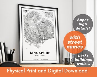 Carte de Singapour avec noms de rues, carte imprimable de Singapour, impression de Singapour, carte de la ville de Singapour, art mural de Singapour, carte de Singapour