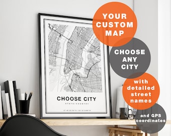 Custom Map Print, Custom City Map Print, Personalized Map, Custom Map Art, City Map Art, Custom Map Poster, Any City, Choose City Map Art