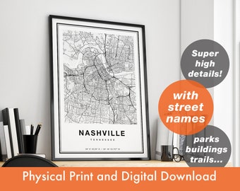 Nashville Map Print, Map Of Nashville, City Map, Nashville Print Gift, Nashville Tennessee Map Art, Nashville Poster, Nashville Wall Art