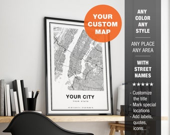 Custom City Map Print, Personalized Map Art, Custom Map Print, Custom Map Gift, Custom Maps Wall Art, Printable City Map Art With Streets