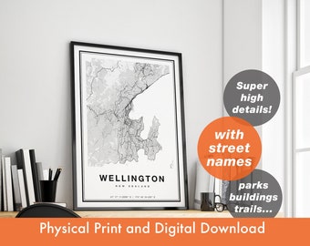 Wellington City Map Print, Map Of Wellington, Wellington Print Gift, Map Art, Wellington New Zeland Map, Poster, Wellington Wall Art