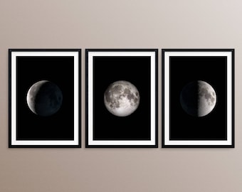 Maanfase kunst aan de muur, maanfase print, maanfase set van 3 print, maanfase, maanfase print, maanfase decor, afdrukbare maanfase kunst