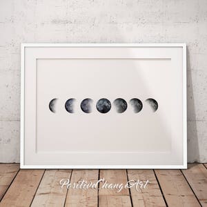 Op de afbeelding: Een witte ingelijste print met een zwart-witte illustratie van de maan in verschillende fasen. De print is op een witte achtergrond en heeft een subtiele textuur.