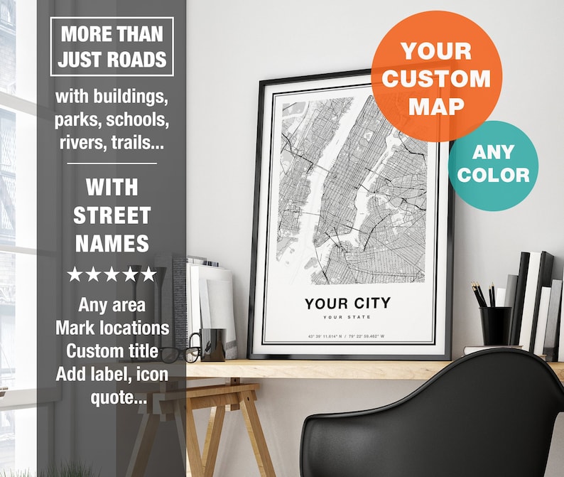 Custom Map Print, Personalized Map Art, Custom City Map Print, Custom Map Art, City Map Art, Printable Custom Map Gift image 1