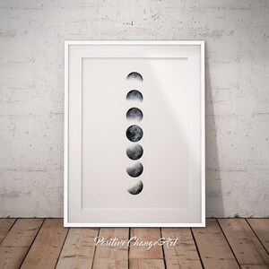 Op de afbeelding: Een zwart-witte print van de maan in verschillende fasen. De print is in een wit frame en de tekst "Positive Change Art" staat onderaan de afbeelding.