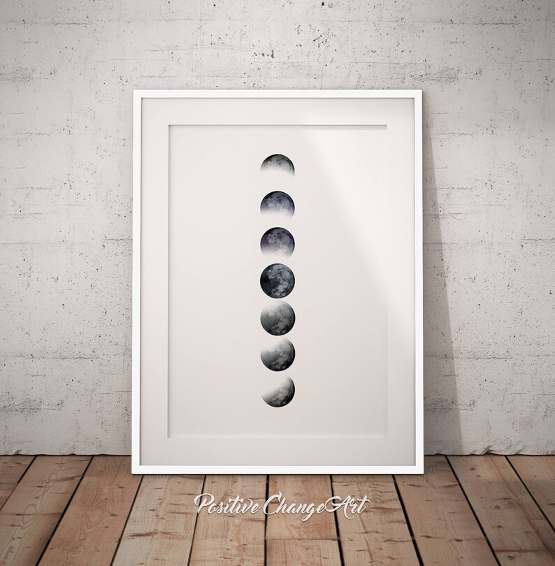 Op de afbeelding: Een zwart-witte print van de maan in verschillende fasen. De print is in een wit frame en de tekst "Positive Change Art" staat onderaan de afbeelding.