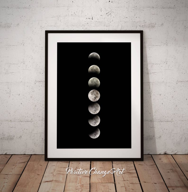 May include: A black and white photo of the moon in different phases, framed in a black frame.