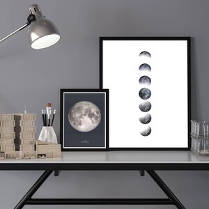 Op de afbeelding: Twee zwart ingelijste prints van de maanfasen op een witte achtergrond. De print aan de linkerkant toont een volle maan, terwijl de print aan de rechterkant een reeks maanfasen toont. De prints staan op een bureau met een lamp, een modelgebouw en een draadmand.