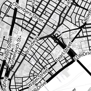 May include: A detailed black and white map of a city, featuring street names like Broadway, Chambers Street, and FDR Drive. The map shows a grid-like pattern of streets and buildings, with varying line thicknesses indicating road widths.