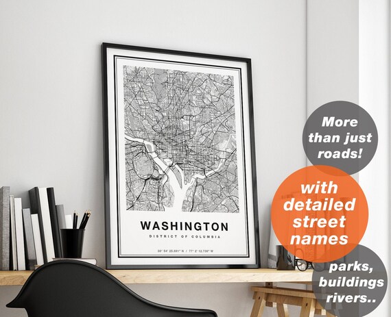 Washington DC Map Print Printable Map Of Washington DC City | Etsy