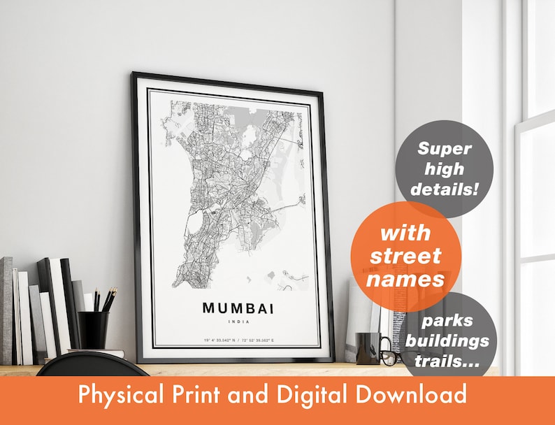 Mumbai Map Print Map of Mumbai City Map Mumbai Print Gift Etsy