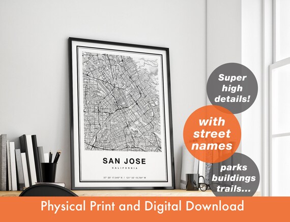 San Jose Map Print Map of San Jose City Map San Jose Print | Etsy