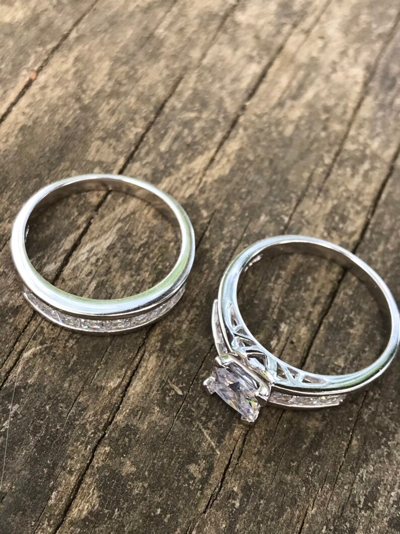 Princess Cut 2PC Simulated Diamond Engagement Ring Set 925 Sterling Silver Bridal Band Ring Set Simulated Diamond Wedding Band Set
