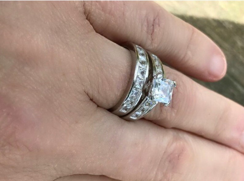 Princess Cut 2PC Simulated Diamond Engagement Ring Set 925 Sterling Silver Bridal Band Ring Set Simulated Diamond Wedding Band Set