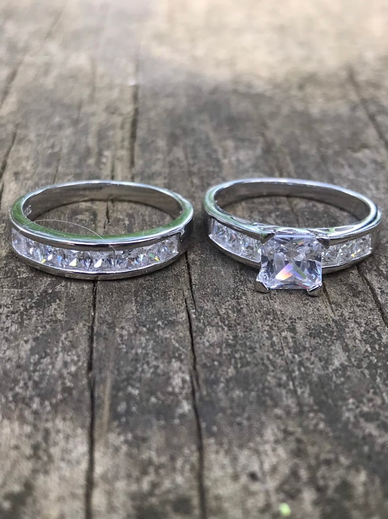 Princess Cut 2PC Simulated Diamond Engagement Ring Set 925 Sterling Silver Bridal Band Ring Set Simulated Diamond Wedding Band Set