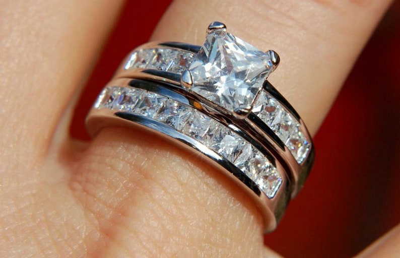 Princess Cut 2PC Simulated Diamond Engagement Ring Set 925 Sterling Silver Bridal Band Ring Set Simulated Diamond Wedding Band Set
