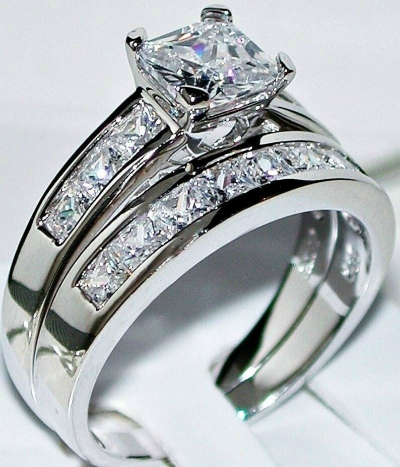 Princess Cut 2PC Simulated Diamond Engagement Ring Set 925 Sterling Silver Bridal Band Ring Set Simulated Diamond Wedding Band Set