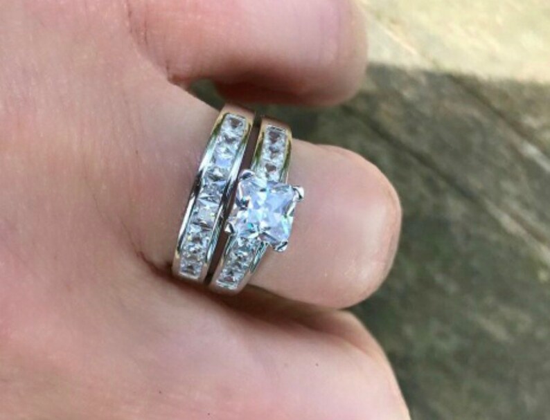 Princess Cut 2PC Simulated Diamond Engagement Ring Set 925 Sterling Silver Bridal Band Ring Set Simulated Diamond Wedding Band Set