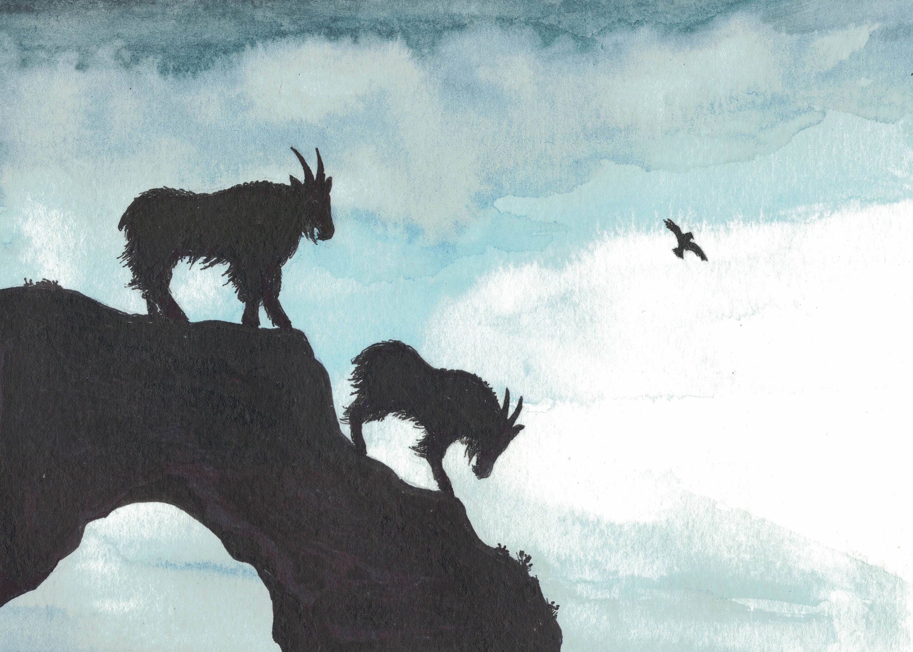 Mountain Goats Watercolor and Ink Print Mountain Goat Etsy