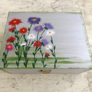 Holz Teebox: Aster Blumen, handbemalt nach Wunsch Teebeutel Organizer, Schätze Schmuckhalter Aufbewahrung