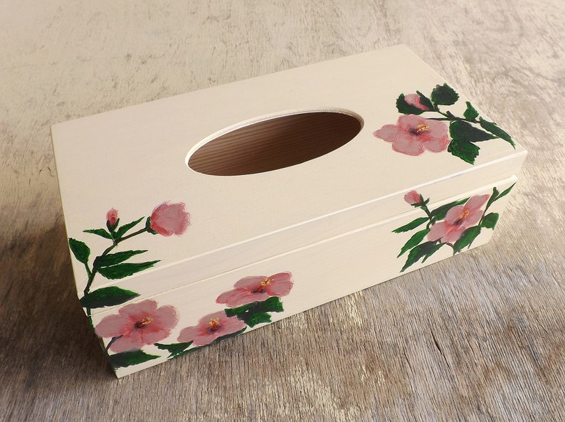 Wood Tissue Box Cover with flowers, handpainted personalized wooden rectangular box, Poppies Tulips Lavender Hibiscus decor Tissue holder Hibiscus