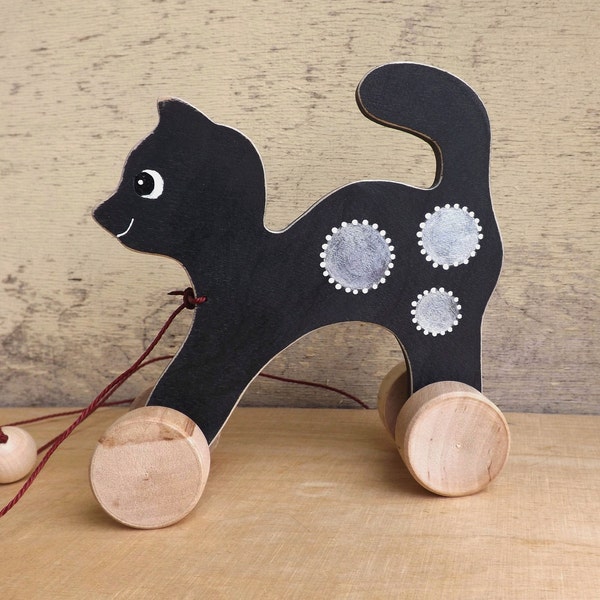 Wood pull toy Cat, custom hand-painted toy on wheels, personalized wooden toy gift for toddlers, Red White Gray Black