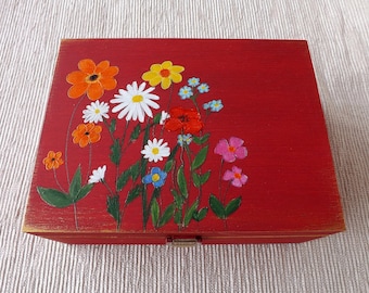 Wood Tea box with Flowers, custom handpainted personalized floral Tea bags organizer, decorative wooden chest for Tea drinker