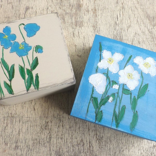 Wood small box with Blue Poppies, hand-paint Meconopsis flowers chest, wooden keepsake box,  Ecru Blue treasures jewelry trinket box