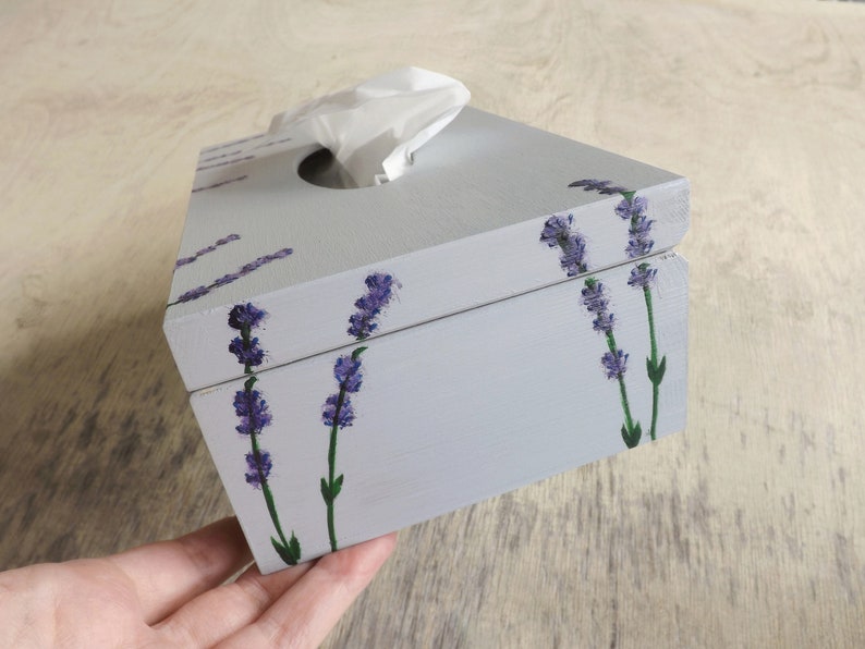 Wood Tissue Box Cover with flowers, handpainted personalized wooden rectangular box, Poppies Tulips Lavender Hibiscus decor Tissue holder zdjęcie 6