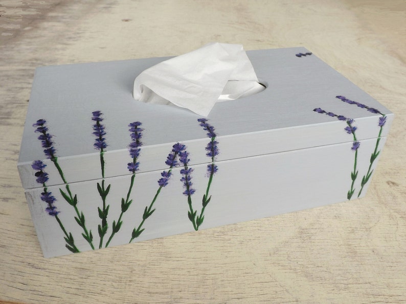 Wood Tissue Box Cover with flowers, handpainted personalized wooden rectangular box, Poppies Tulips Lavender Hibiscus decor Tissue holder zdjęcie 8