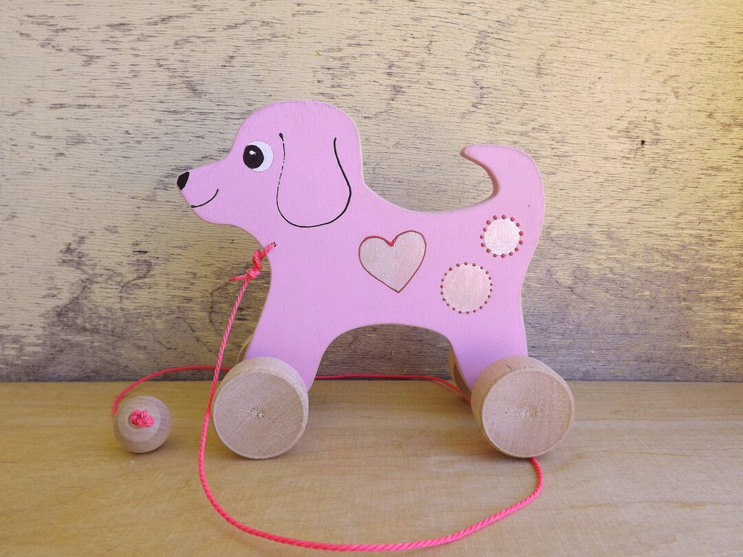 Wood Toy Dog Pink Purple Rose, Handpainted Custom Wooden Toy for