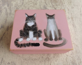 Wooden boxes with Cats in Pink, personalized hand-painted custom wood trinket box for girl Cat lover, jewelry treasure keepsake box