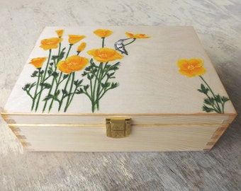 Tea box - painted Golden Poppies, personalized wooden chest for Tea lover with painting California poppy, Tea bags organizer holder