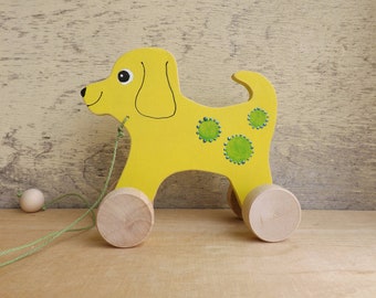 Wooden pull Dog Lemon Yellow Green, custom hand cut hand-painted wood animal on wheels, personalized toy for toddlers