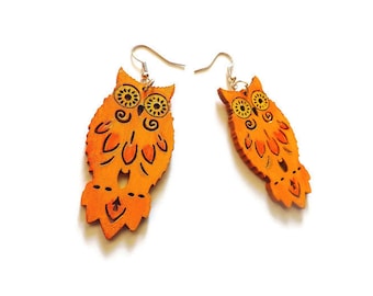 Wood long dangle earrings Owl, hand-painted laser cut Owls lover jewelry, custom funky colorful summer earring