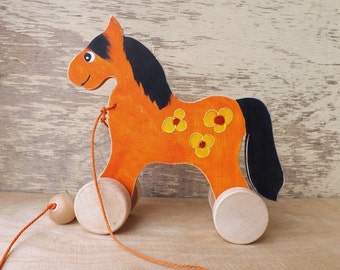 Wooden pull toy Horse Yellow Orange, hand-painted hand cut personalized wood toy on wheels, custom animal toy for toddler