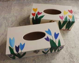 Wood Tissue Box Cover with flowers, handpainted personalized wooden rectangular box, Poppies Tulips Lavender Hibiscus decor Tissue holder
