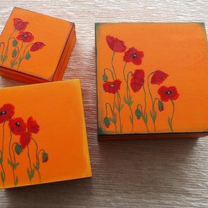 Wood box with Poppies in Orange, hand painted custom floral chest treasure jewelry, Red Poppy flower motif wooden keepsake trinket box